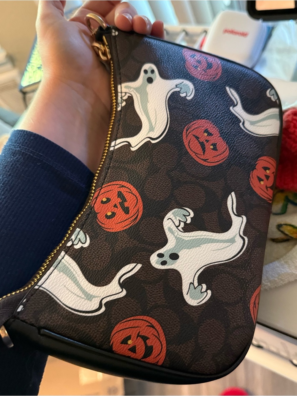 Coach Mini Shoulder Bag in Brown with Orange & White Halloween Print - Picture 4 of 12